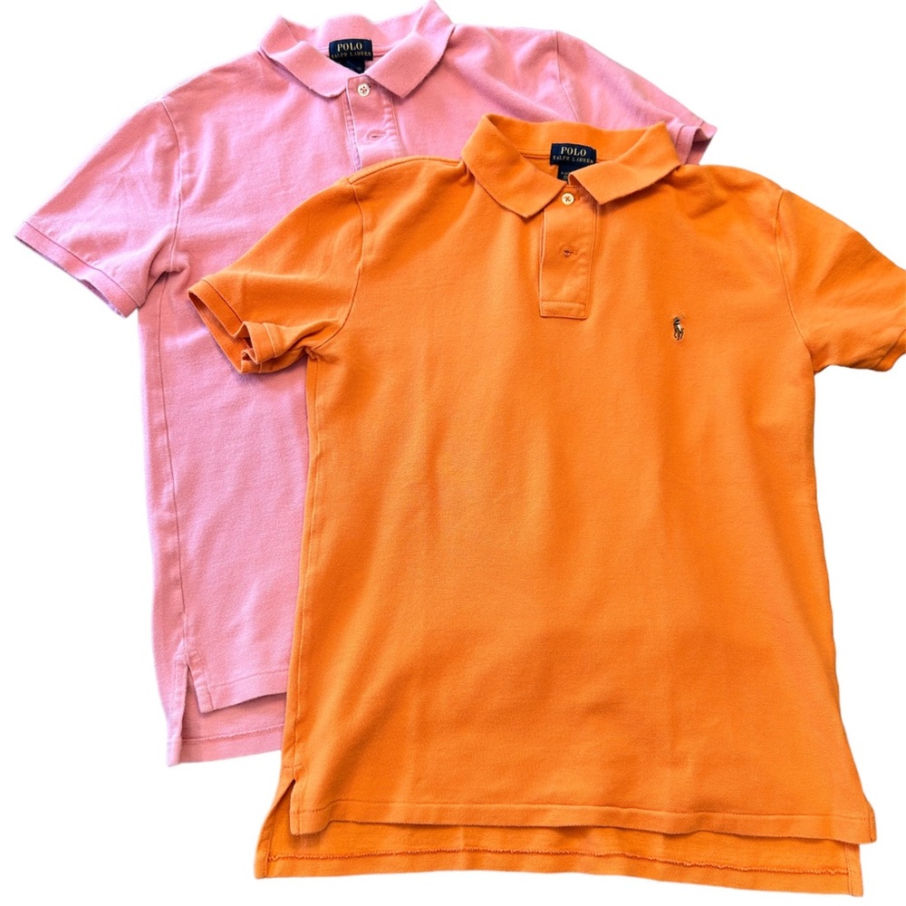2 (pink and orange) boys POLO Ralph Lauren collared polo shirts. Size Lg 14/16